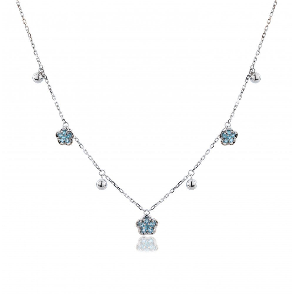 GARGANTILHA FLOR OURO BRANCO 18K COM TOPAZIO AZUL
