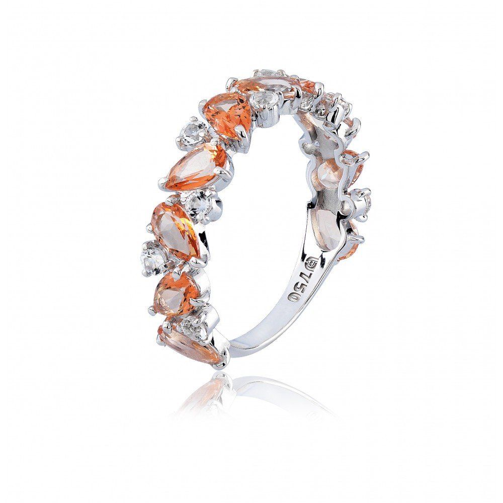 MEIA ALIANÇA OURO BRANCO 18K COM TOPAZIO BRANCO E TOPAZIO PEACH GOTA.